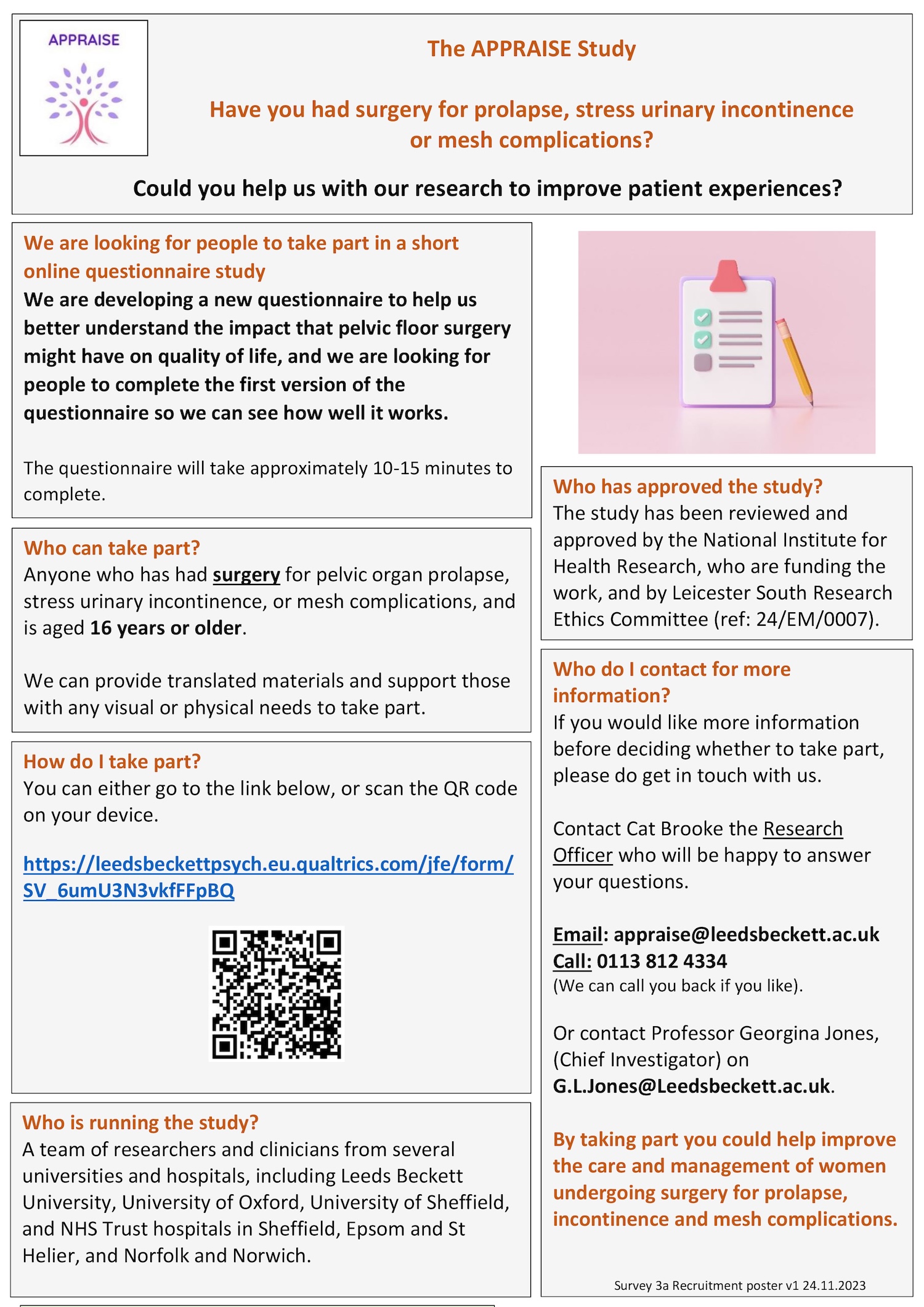 APPRAISE Survey 3a Recruitment Poster v1 24Nov23_with clickable link for email distribution Appraise study